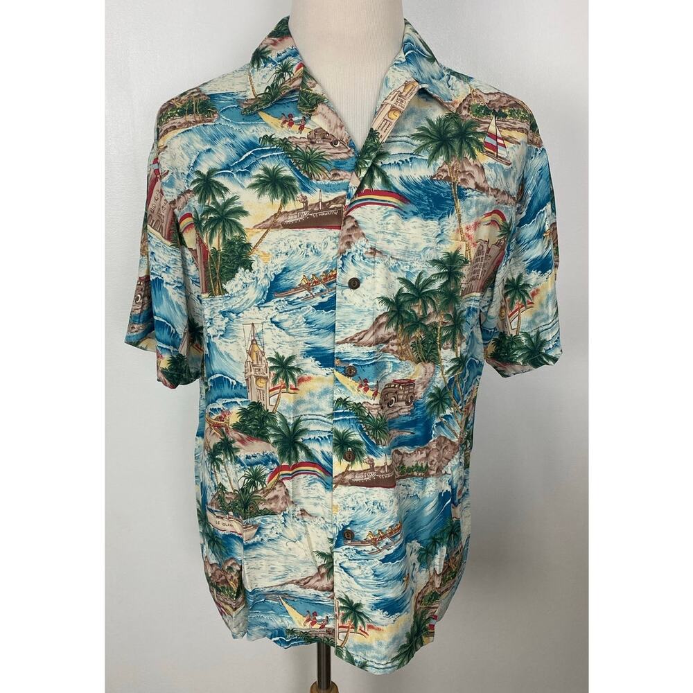 VTG Iolani Hawaii tropical floral graphic rainbow rayon button up Hawaiian shirt